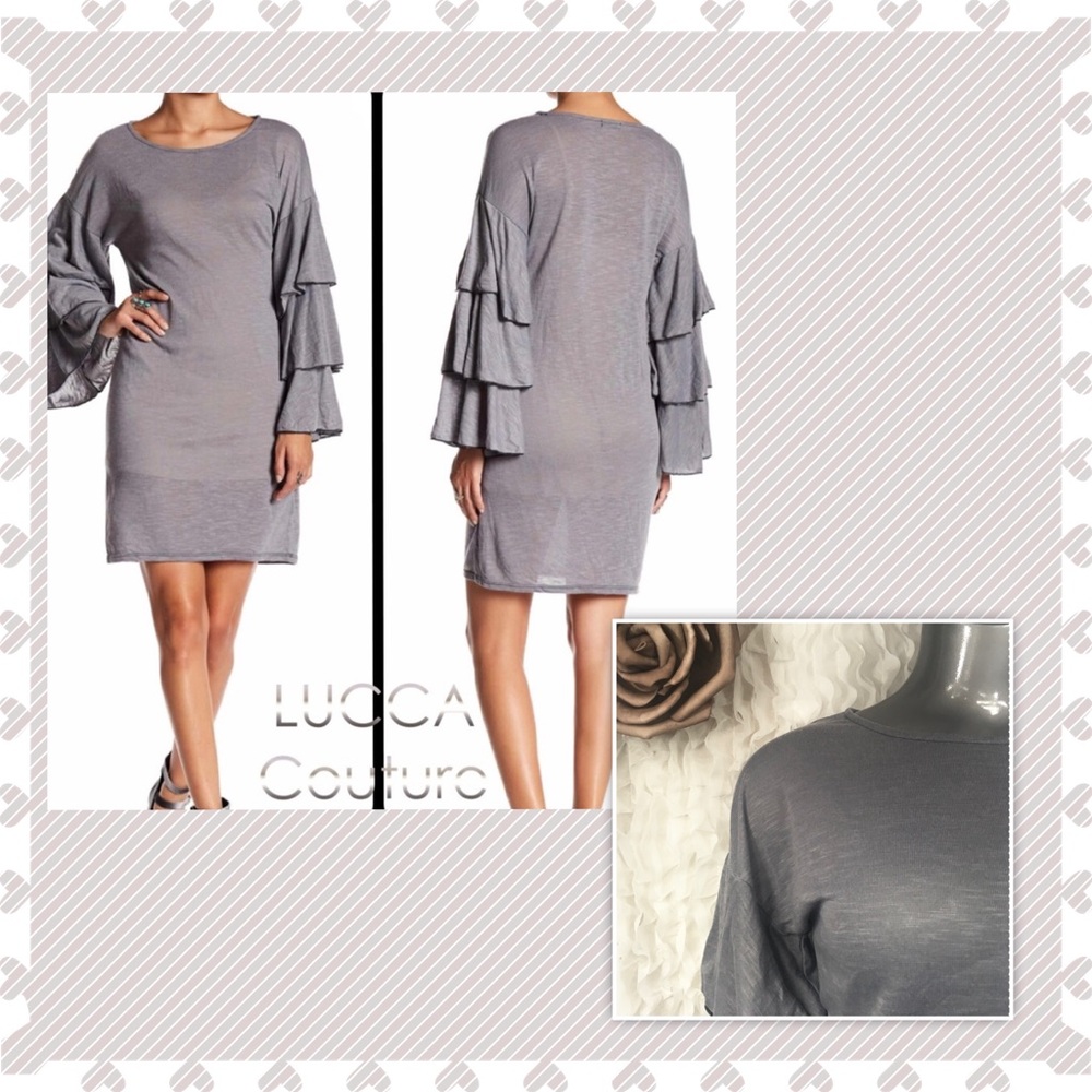 LUCCA COUTURE | Gray Tiered Long Sleeve Stretch Tunic Dress NEW
